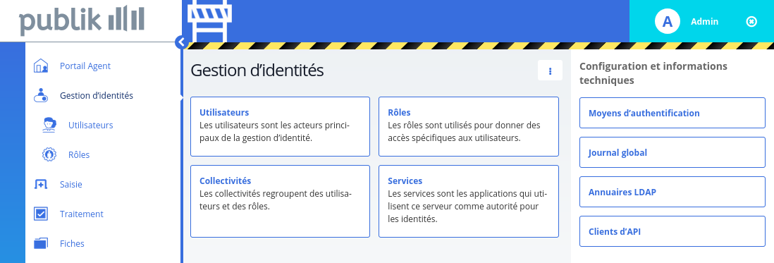 Capture d’écran de l’accueil du module de gestion d’identités, un bouton « Client d’API » apparait dans la colonne de droite