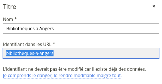 popup permettant la récupération du slug