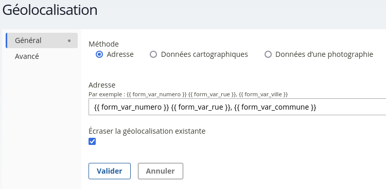 Écran de paramétrage de l'action Géolocalisation