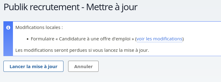Message d'alerte concernant la présence de modifications locales