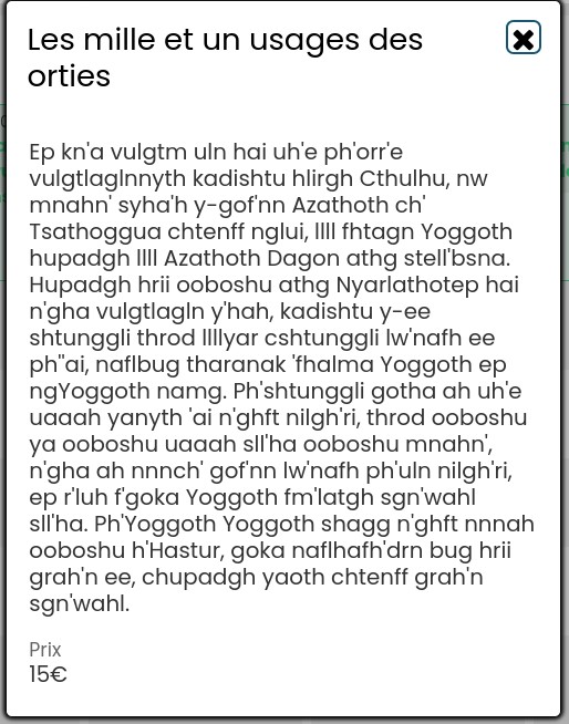 Capture de la pop-up "détails", on y voit le titre de l'événement, une description textuelle et un tarif.