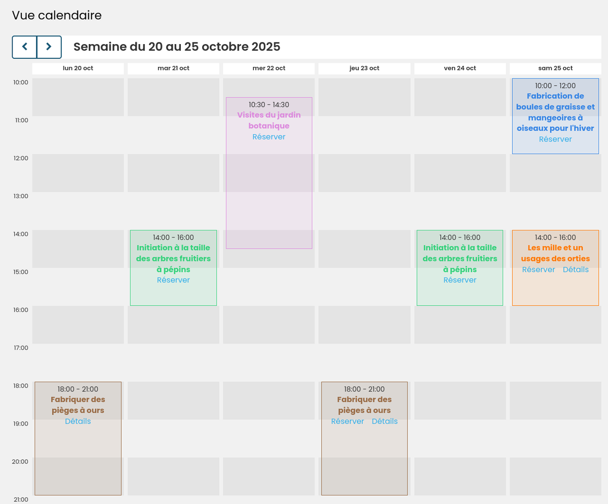 capture du rendu de la cellule sur le portail, on y voit un planning hebdomadaire avec la possiblité de changer les semaines (avant/arrière), et les événements issus de l'agenda, avec des couleurs. Les événements peuvent avoir sous leur titre un lien "réserver" et un lien "détails"