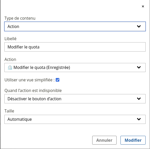 Capture du paramétrage d'une action sur une cellule Fiche(s), avec la case à cocher " Utiliser une vue simplifiée"