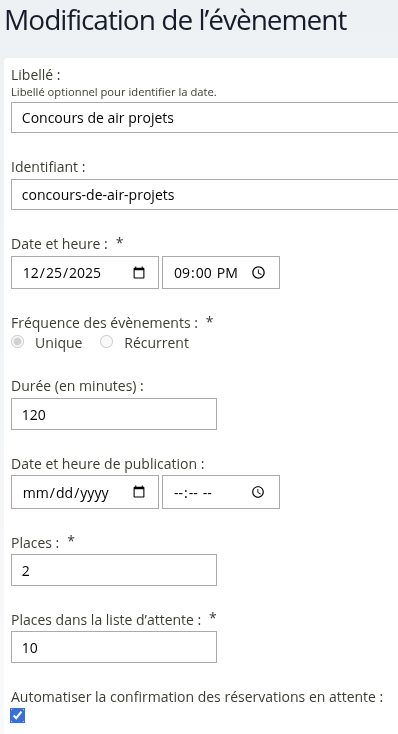 Capture de la page des options d'un événement où l’on voit l'option d'activation de la confirmation automatique