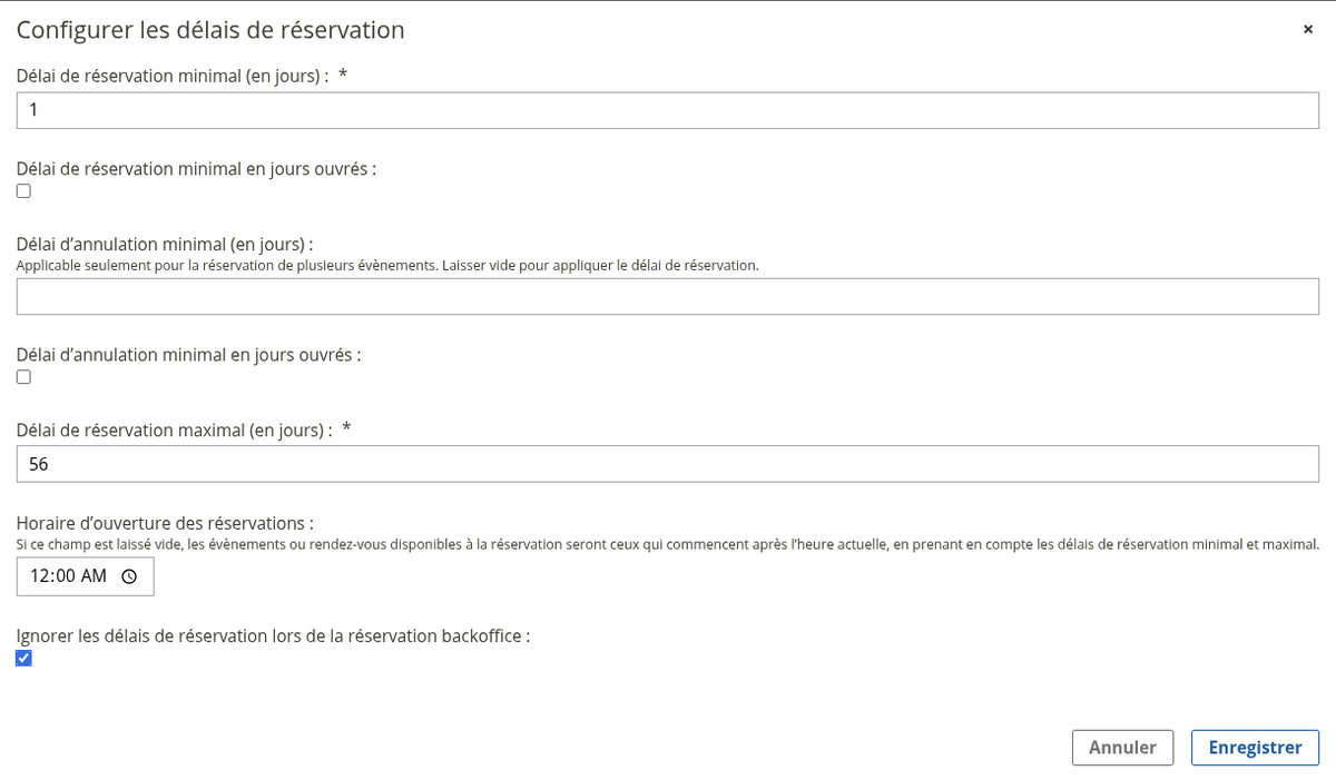 Capture de la page de configuration des options de délai de réservation d'un agenda