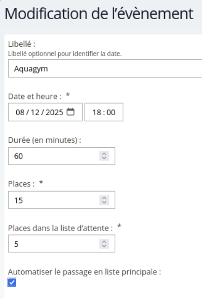 Capture de la page des options d'un événement où l’on voit l'option d'activation de la confirmation automatique