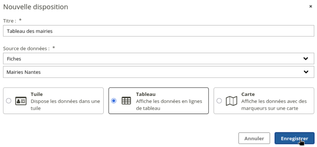 Popup complété, pour une disposition de type Tableau