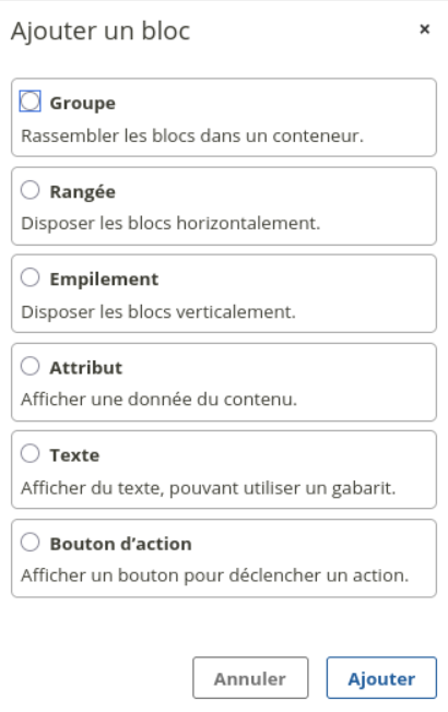 Fenêtre de sélection d'un bloc