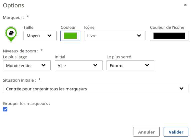 popup des options générales des cartes