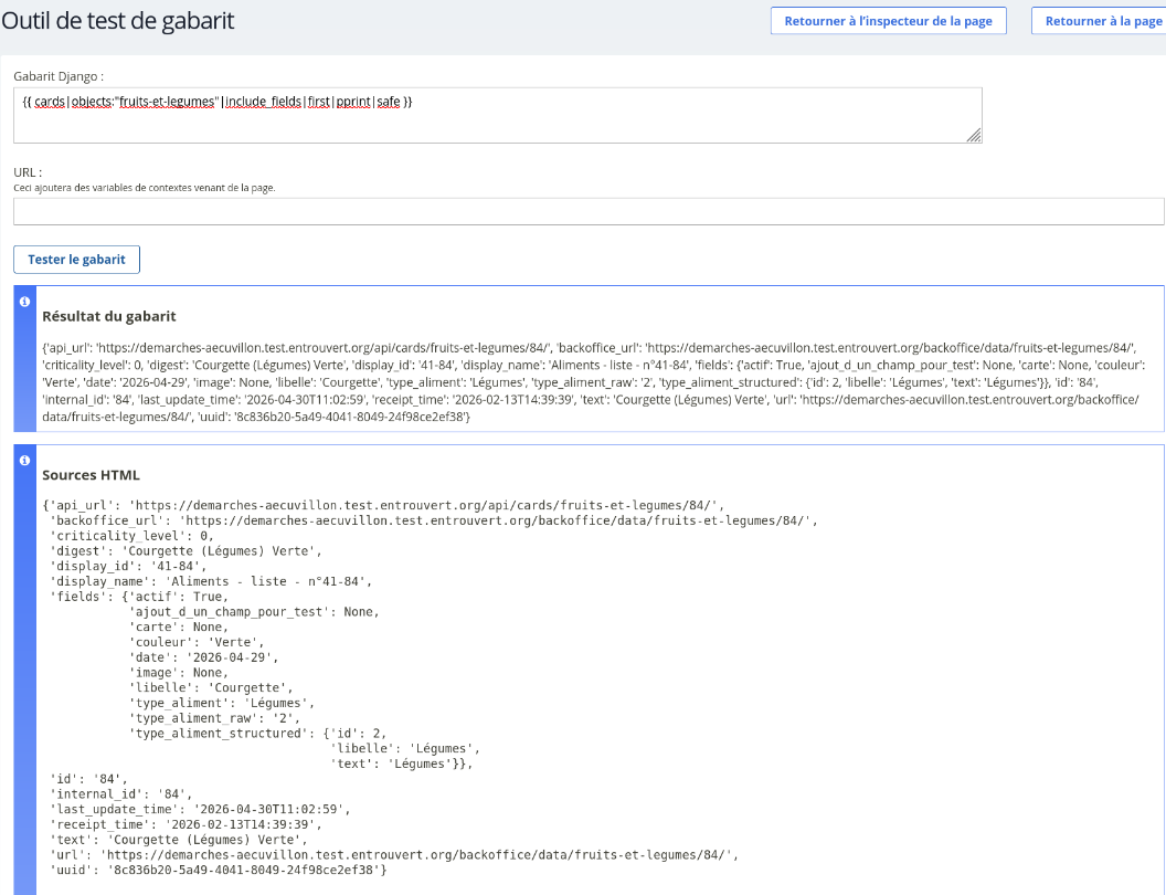 Capture d'écran de l'outil de test de gabarit