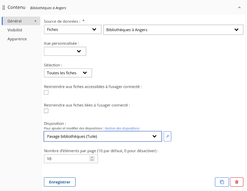 Onglet général, exemple de réglages pour un modèle de fiches