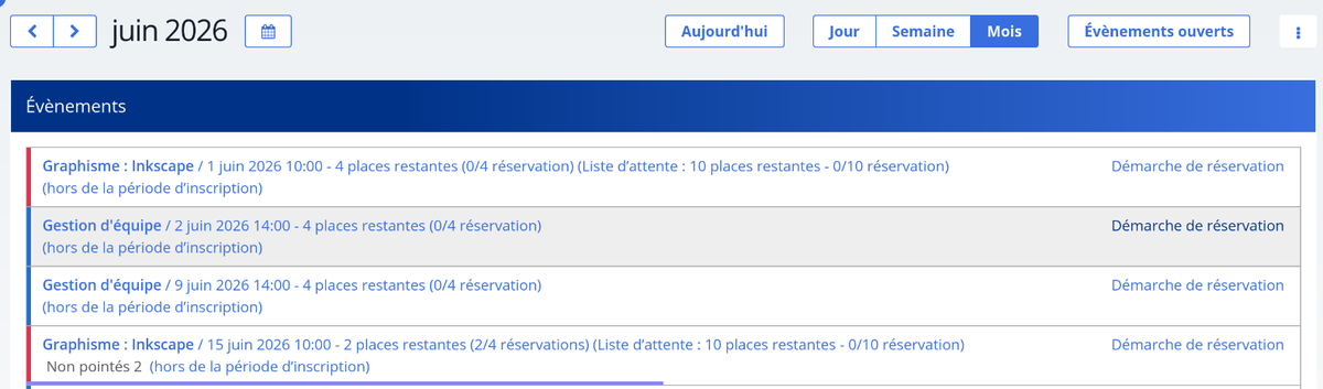 Vue de l'agent sur les événements de l'agenda