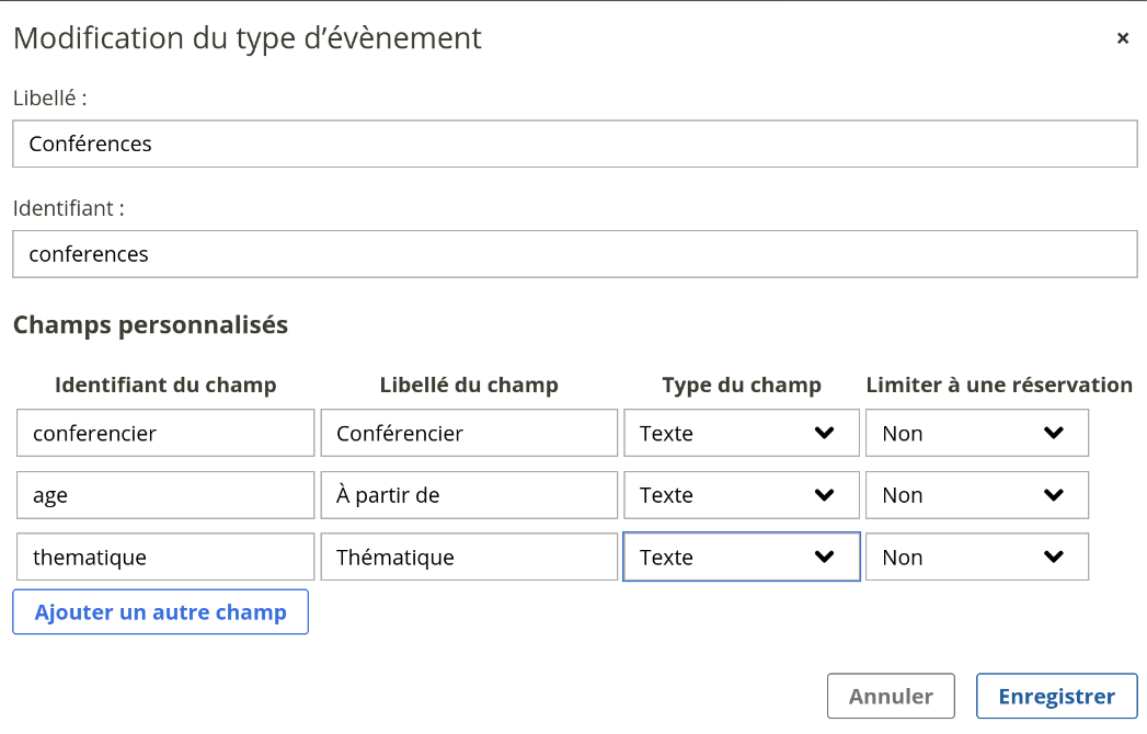 paramétrage d'un type d'évènement "Conférences"