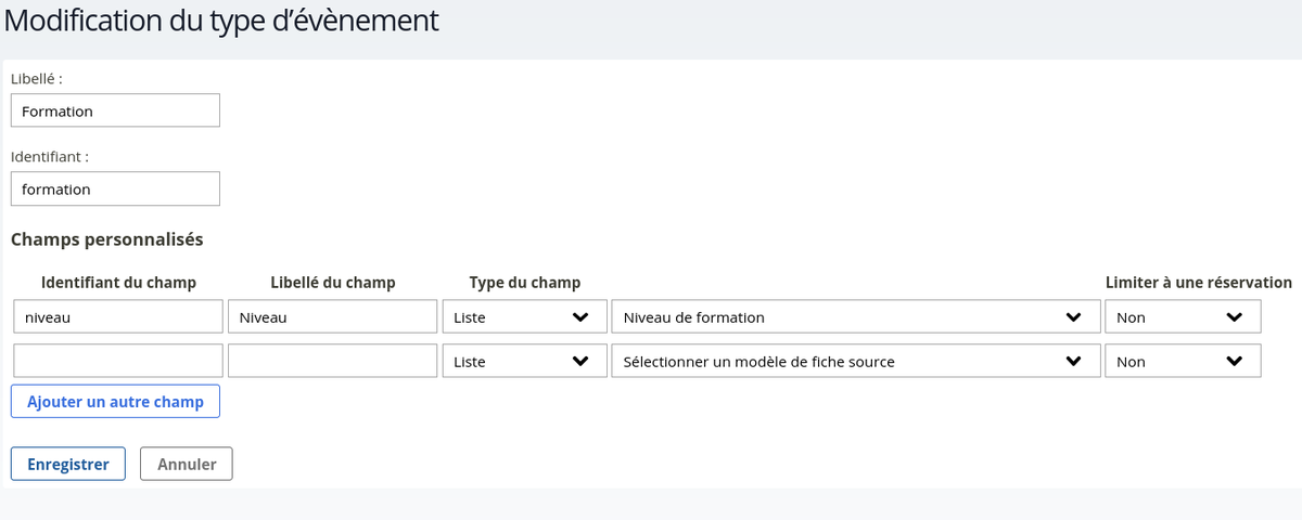 capture d'un exemple de paramétrage d'un type d'évenement